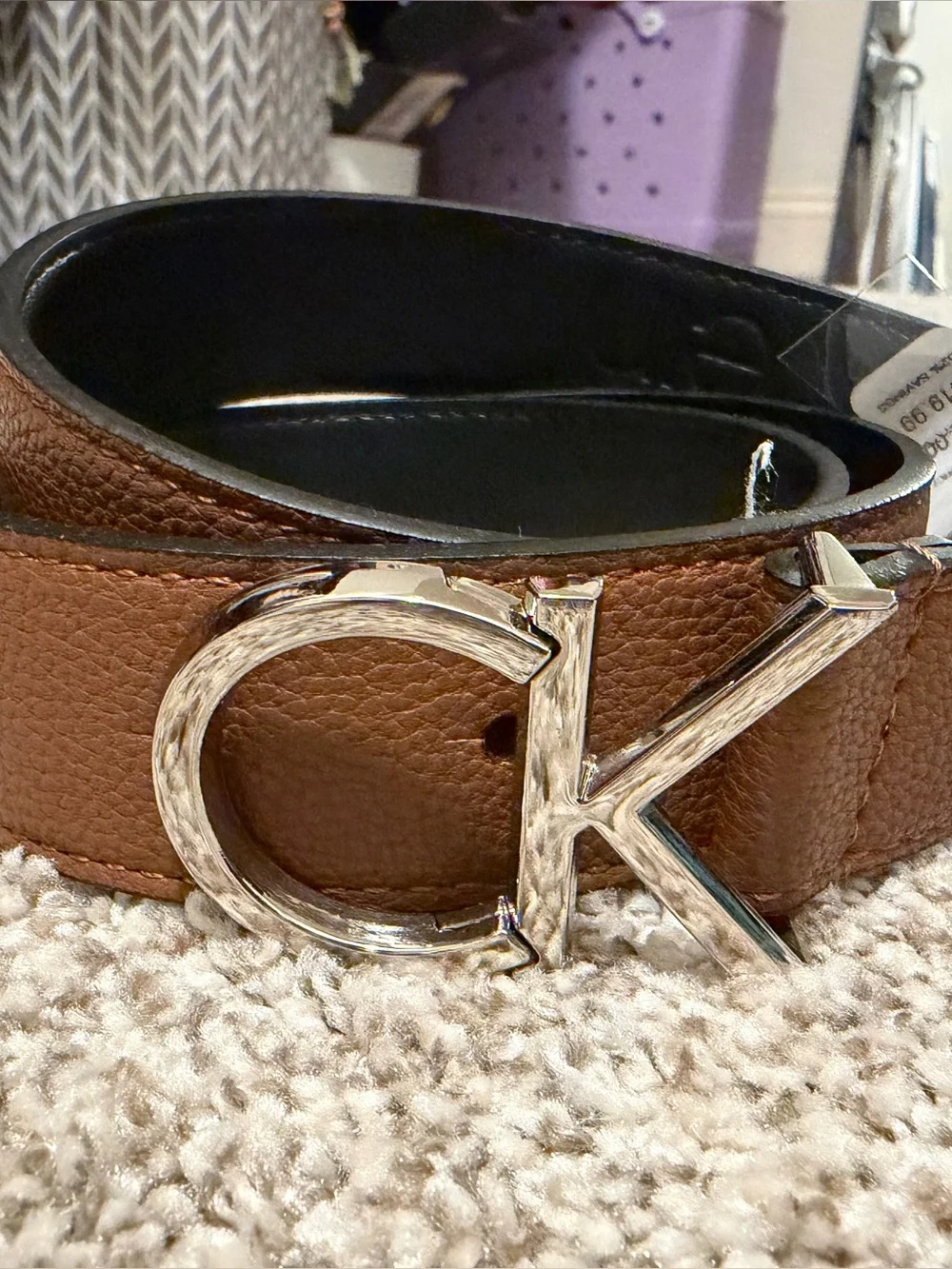 Calvin Klein Brown Synthetic Leather Belt with Silver Logo Buckle